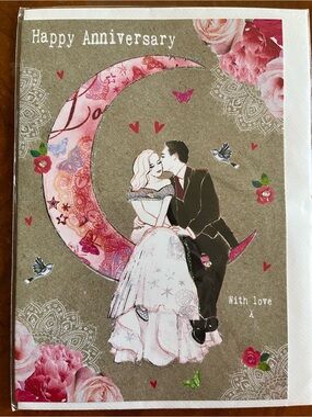 Anniversary Greeting Card - Pink & Gold Moon Couple new with envelope